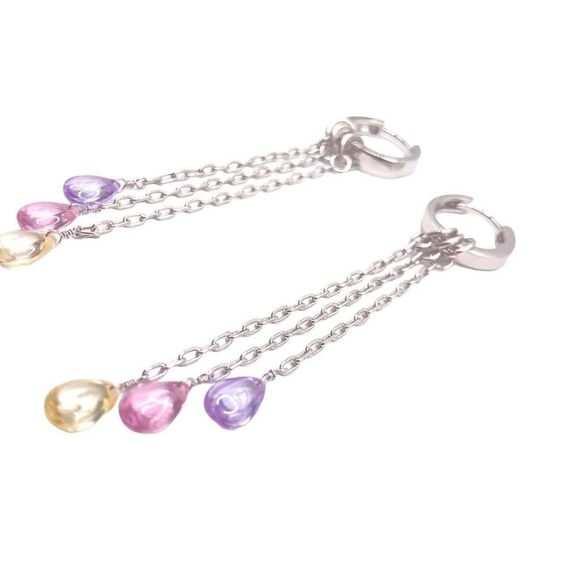 Silver huggy hoop earring with long dangle chains - Picture 2 of 4